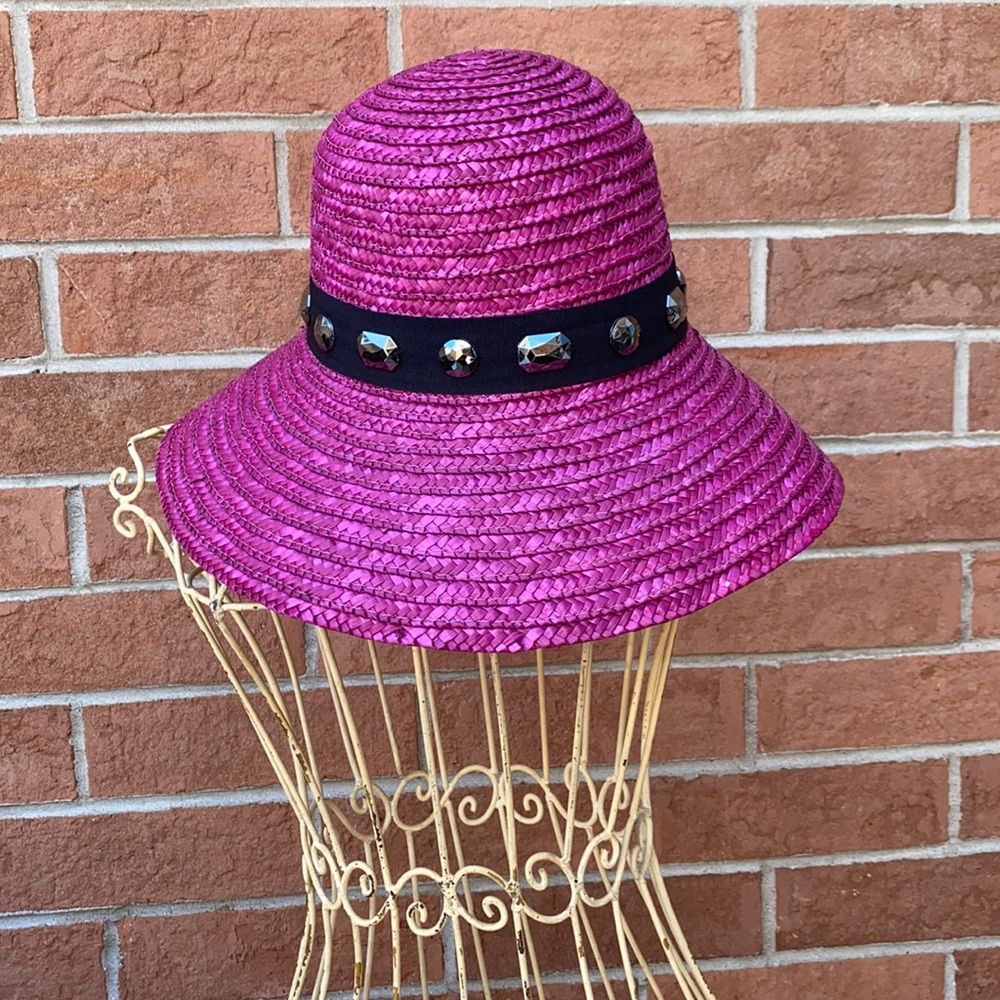 Hot pink Magid hat with black lace & rhinestone